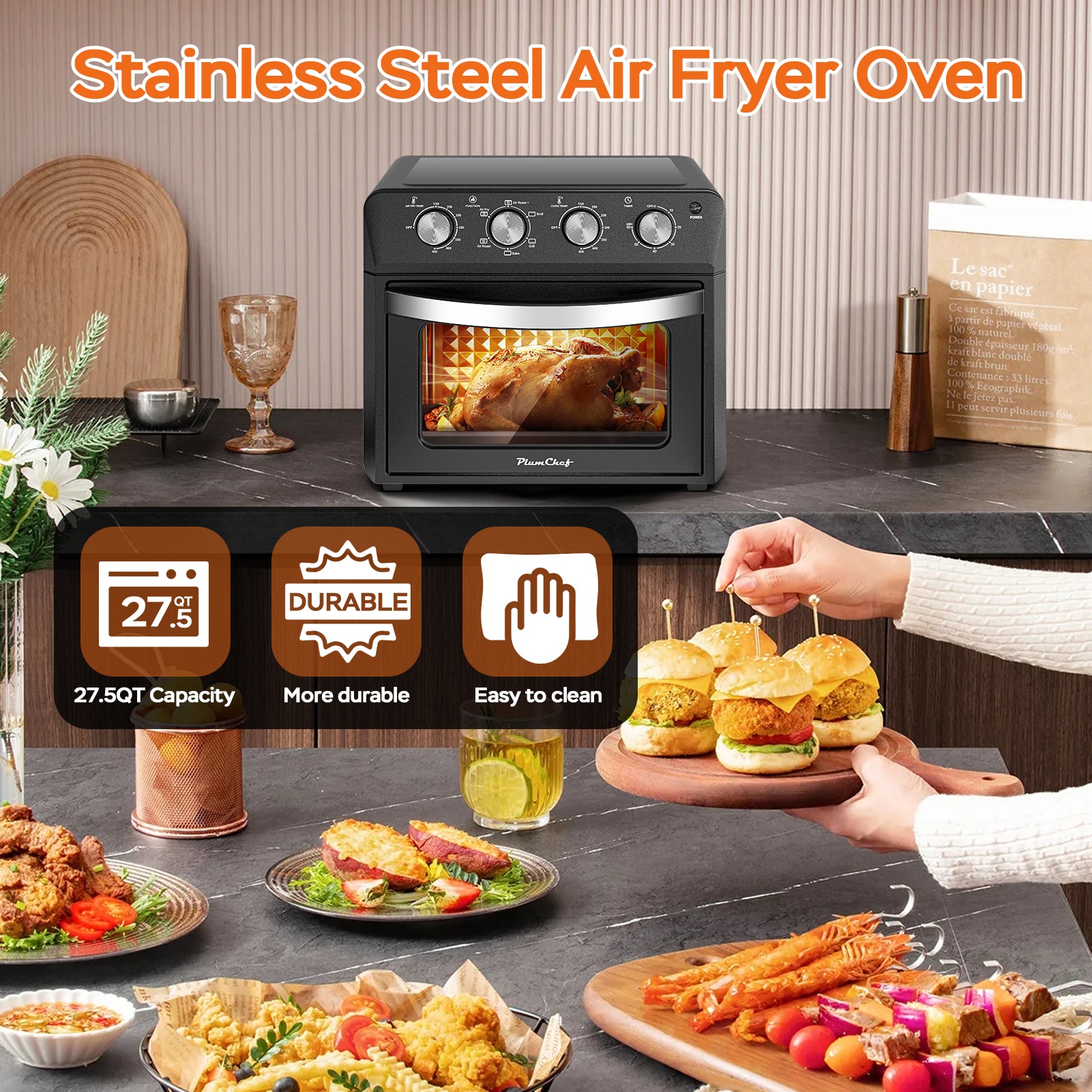 6-in-1 Family-Size Air Fryer Toaster Oven | 26L Countertop Convection Oven with Drop-Down Door – Bake, Roast & Grill (1600W)