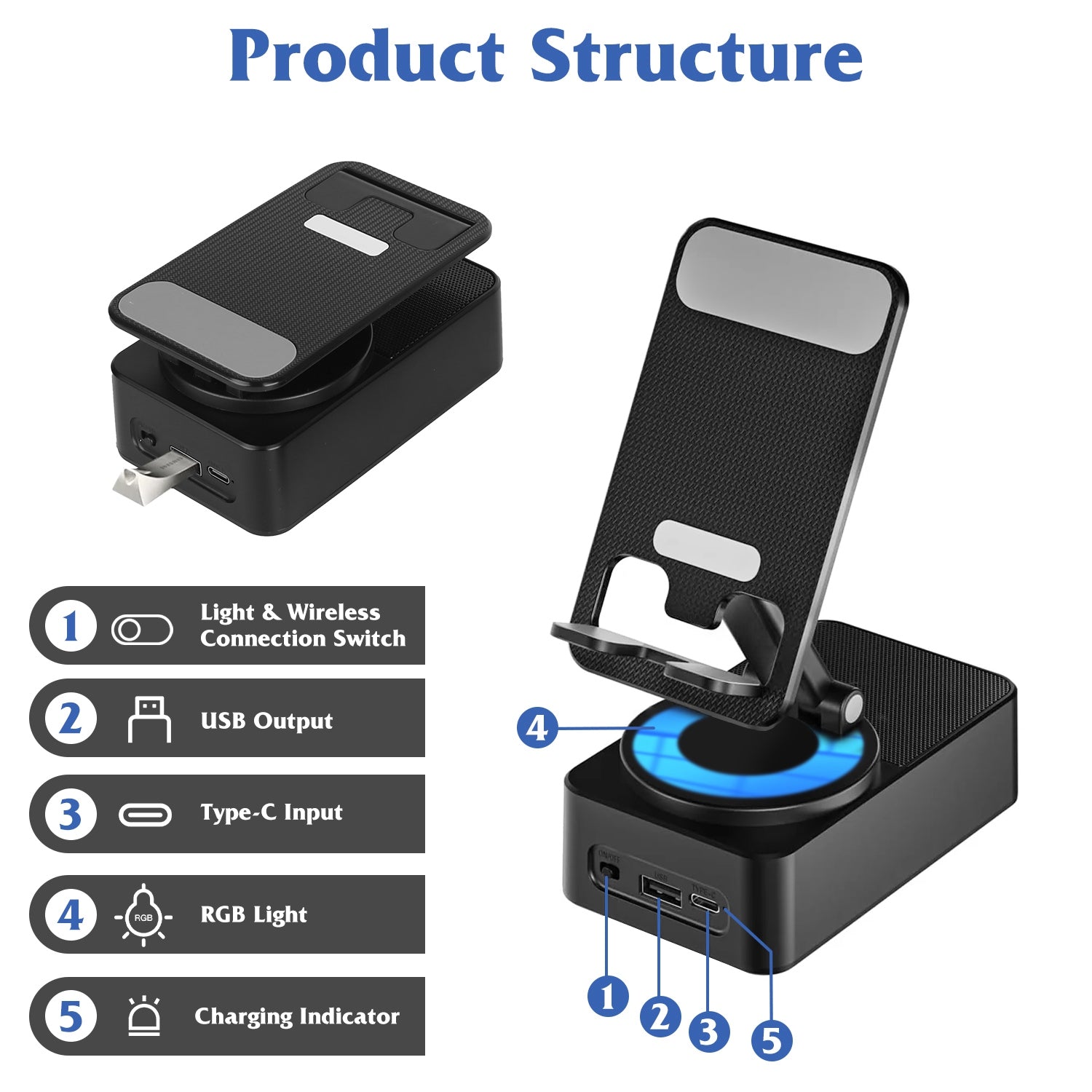4-in-1 Multimedia Station: Foldable 360° Rotating Phone Stand with Integrated Bluetooth Speaker and 5000mAh Power Bank