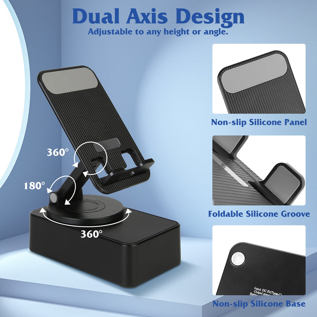 4-in-1 Multimedia Station: Foldable 360° Rotating Phone Stand with Integrated Bluetooth Speaker and 5000mAh Power Bank