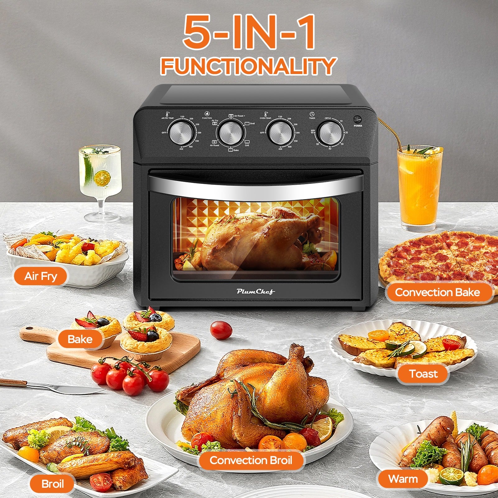 6-in-1 Family-Size Air Fryer Toaster Oven | 26L Countertop Convection Oven with Drop-Down Door – Bake, Roast & Grill (1600W)