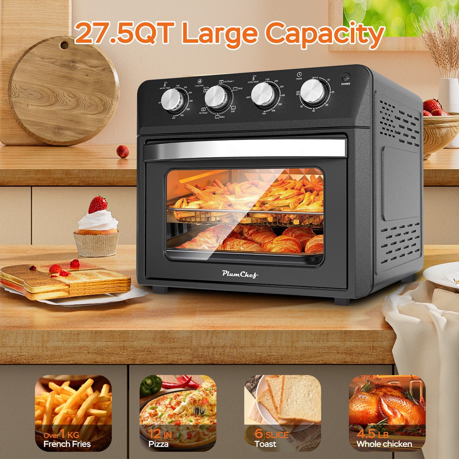 6-in-1 Family-Size Air Fryer Toaster Oven | 26L Countertop Convection Oven with Drop-Down Door – Bake, Roast & Grill (1600W)