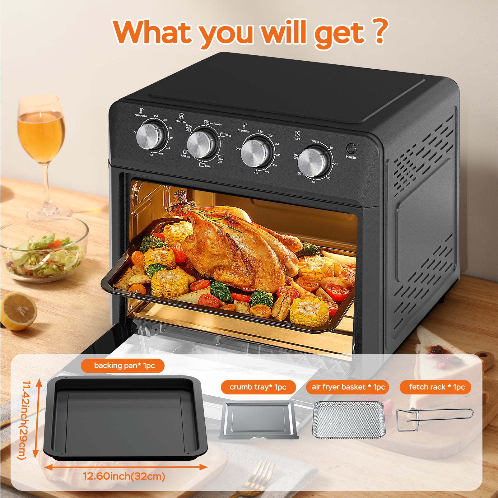 6-in-1 Family-Size Air Fryer Toaster Oven | 26L Countertop Convection Oven with Drop-Down Door – Bake, Roast & Grill (1600W)