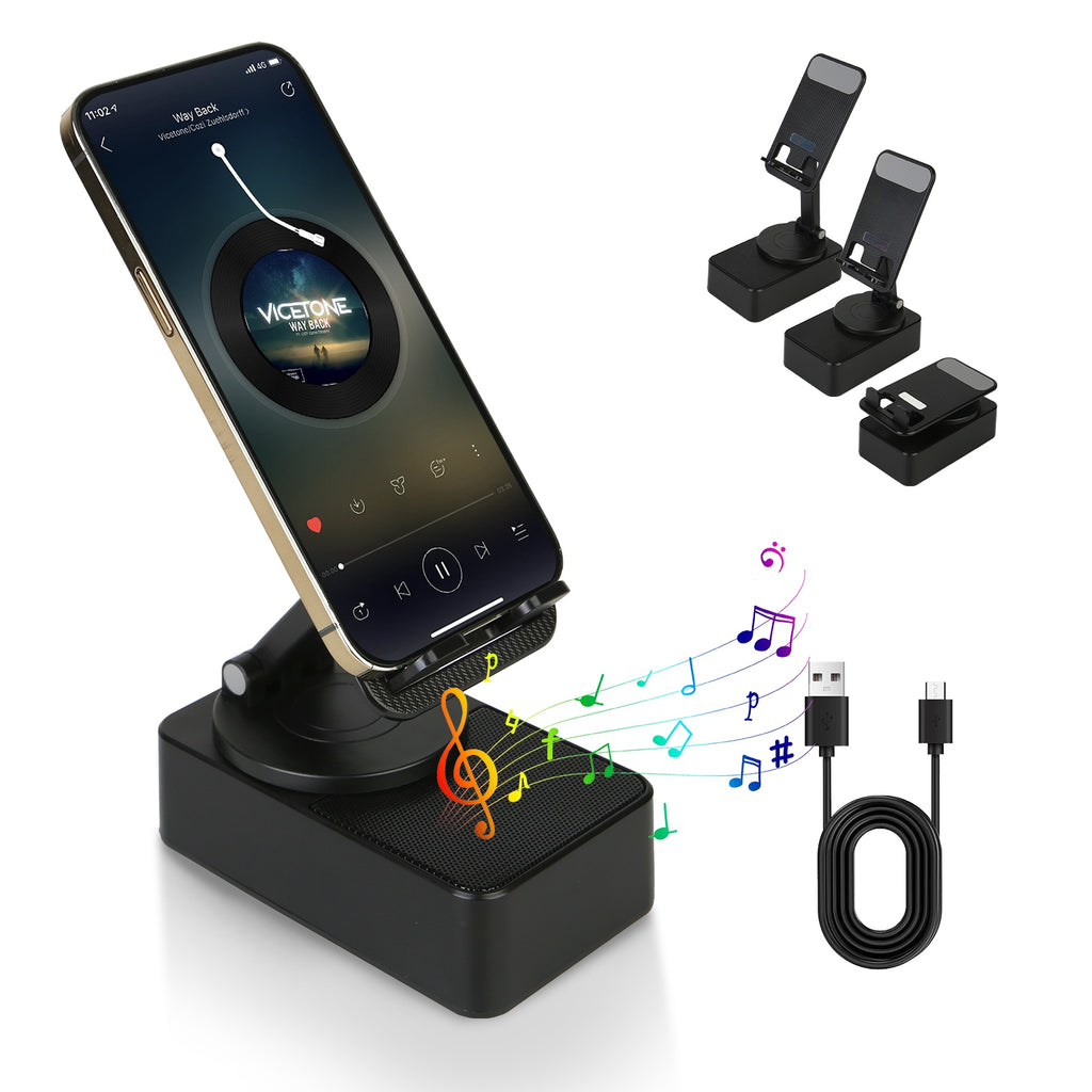 4-in-1 Multimedia Station: Foldable 360° Rotating Phone Stand with Integrated Bluetooth Speaker and 5000mAh Power Bank